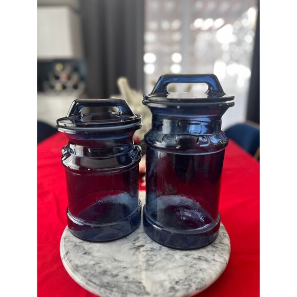 Vintage set of L.E. Smith cobalt blue glass milk can canisters - Picture 5 of 6